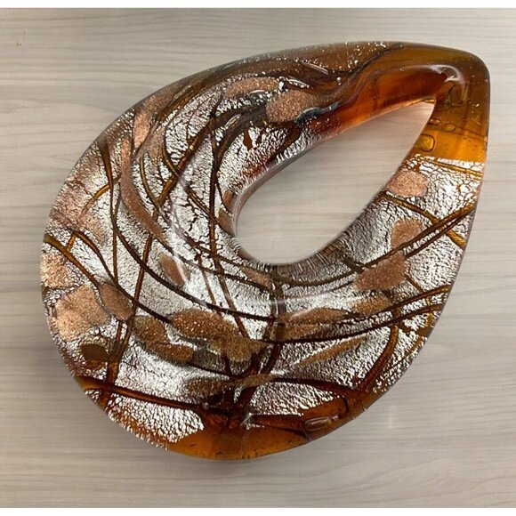 Art Glass Teardrop Pendant Brown Silver Abstract Swirl Design Vintage - Picture 1 of 6
